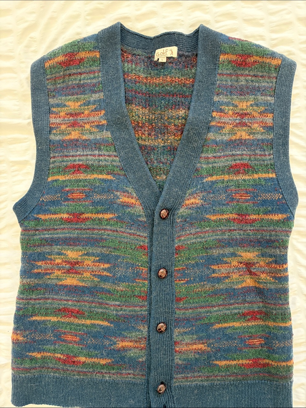 Golf Men's Button Vest in Blue Pattern Wool Blend.